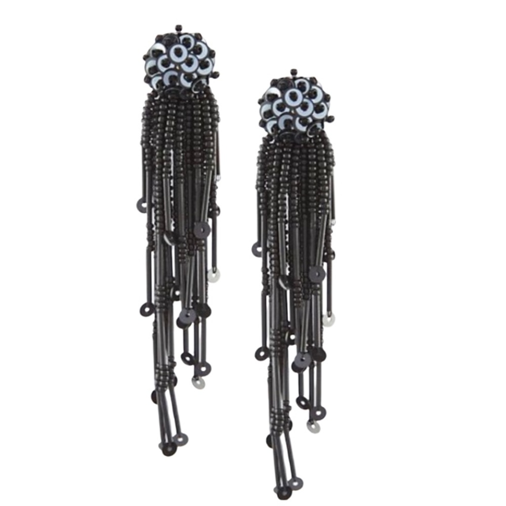 NWT Kate Spade Black Glitzville Beaded and Sequin Dangle Tassel Earrings